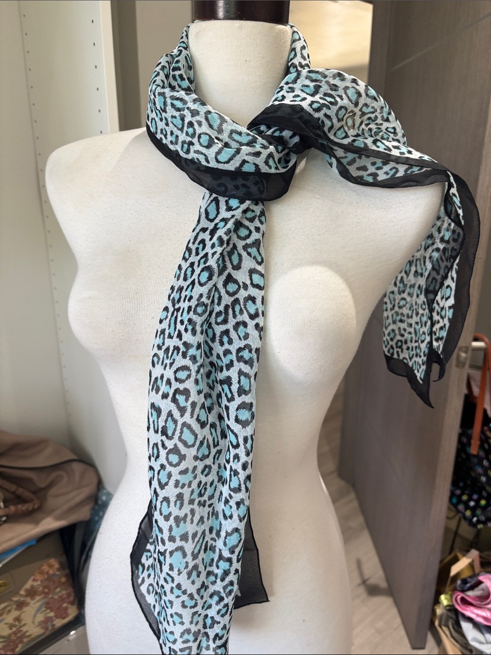 Light Blue Leopard Print Chiffon Scarf with Black Trim